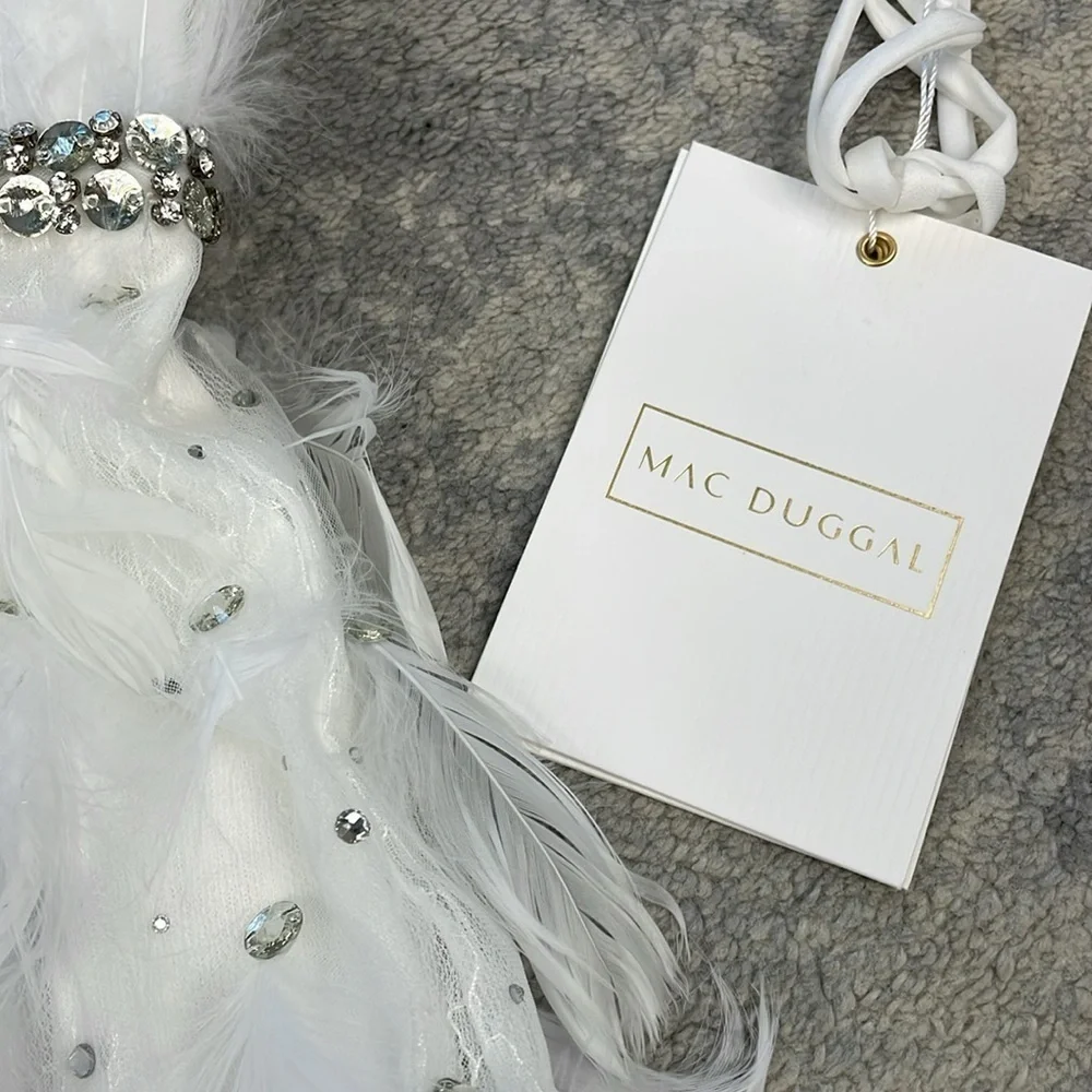 NWT Mac Duggal White Feather Rhinestone Sweetheart Strapless Gown Dress Wedding